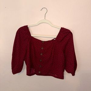 Burgundy Crop Blouse- Button and Polka Dot Accents